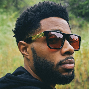 Gold Link Shades with Glossy Black Frame & Red Tint Lenses