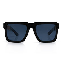 Load image into Gallery viewer, Greek Key Shades with Glossy Black Square Frame &amp; Blue Tint Lenses
