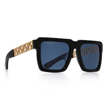 Load image into Gallery viewer, Greek Key Shades with Glossy Black Square Frame &amp; Blue Tint Lenses
