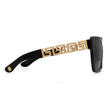 Load image into Gallery viewer, Greek Key Shades with Glossy Black Square Frame &amp; Blue Tint Lenses
