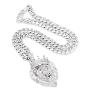 King Ice Silver Large Roaring Lion CZ Necklace